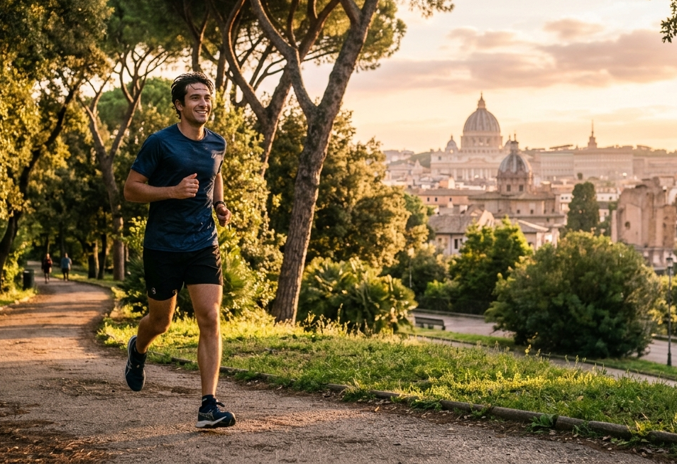 Corridore rilassato che corre in un parco al mattino presto