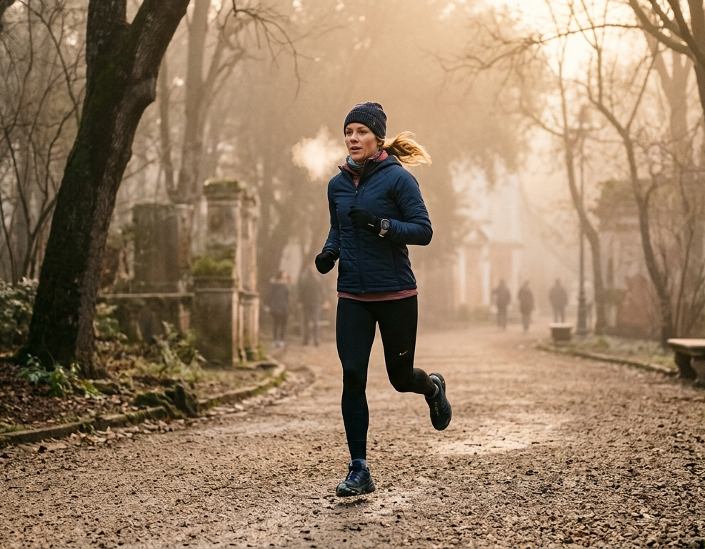 Runner con abbigliamento a strati per correre in inverno nella nebbia